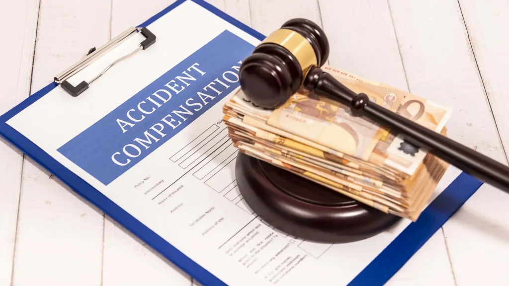 A gavel, cash, and an "Accident Compensation" form on a clipboard.